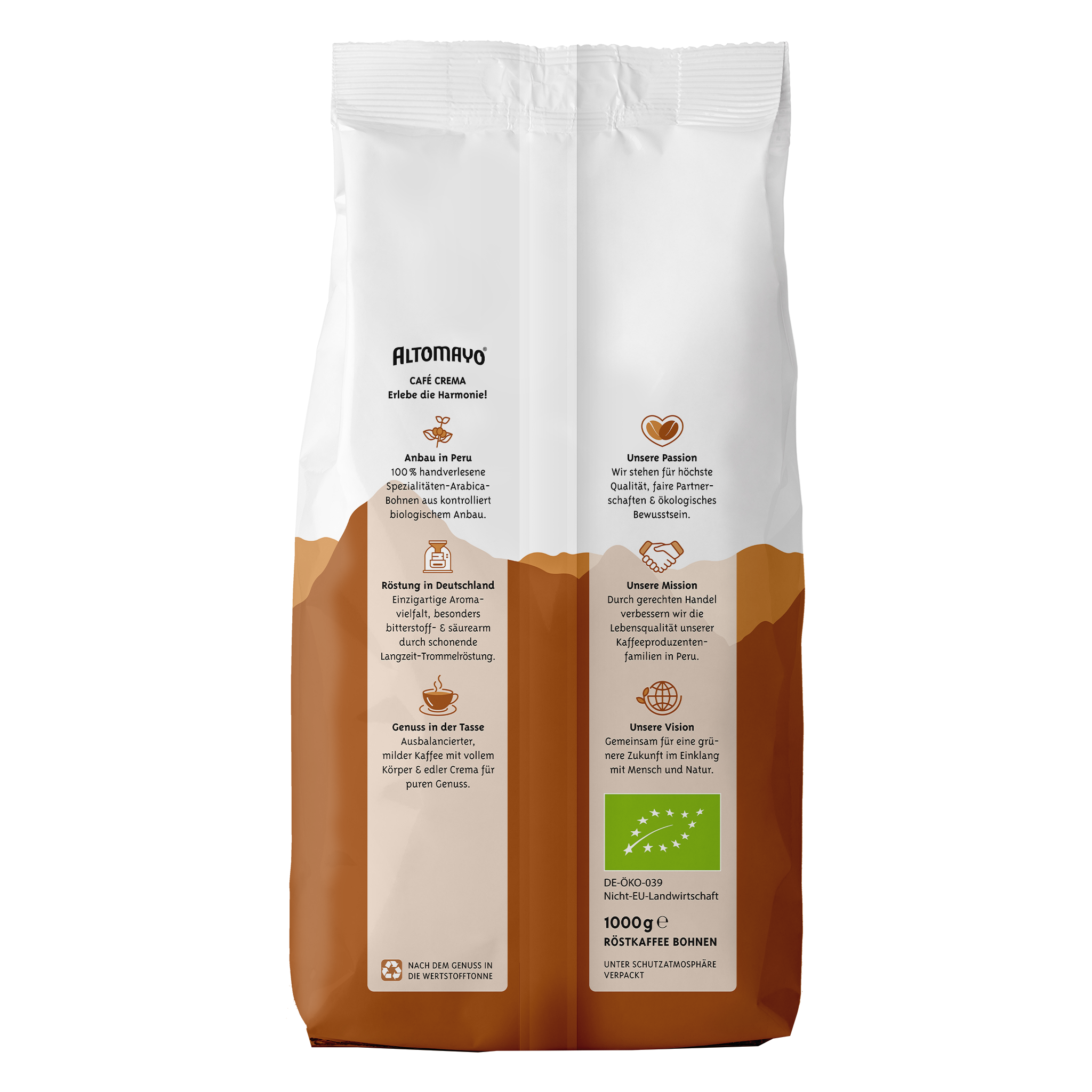 ALTOMAYO Bio Café Crema Bohnen 1000 g Packshot Rückseite