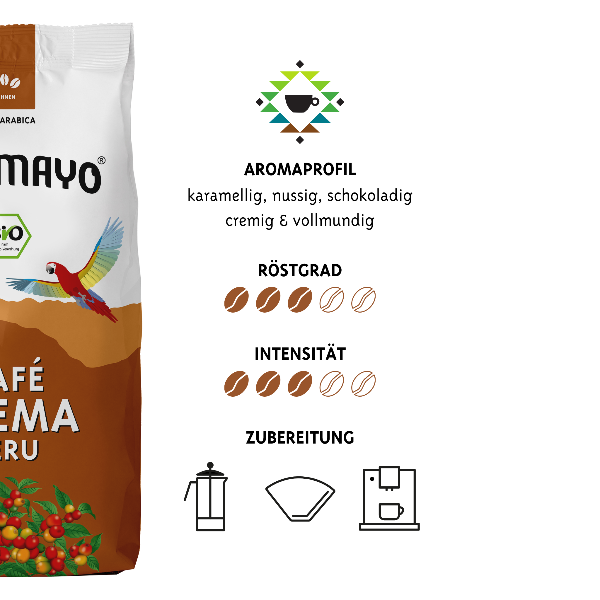 ALTOMAYO Bio Café Crema Bohnen 1000 g Packshot mit Aromaprofil und Produktinformationen