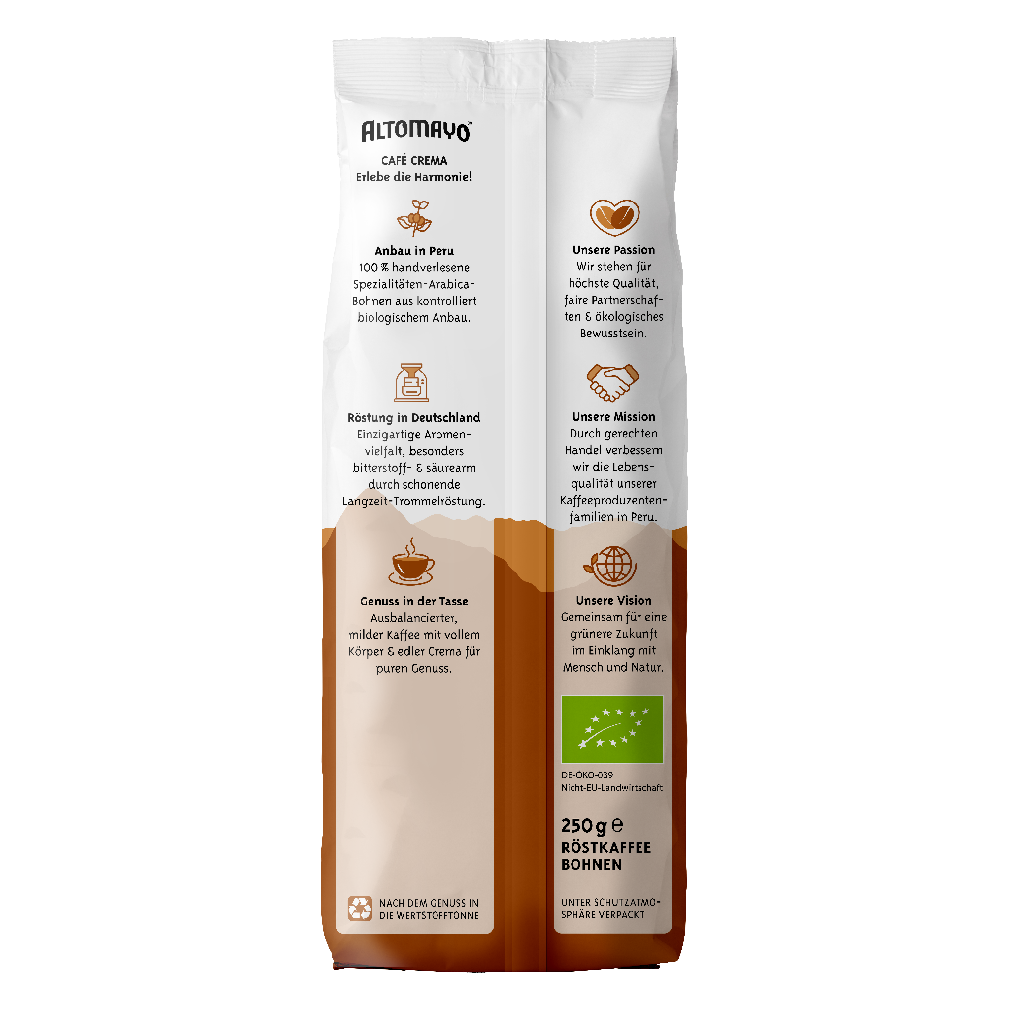 ALTOMAYO Bio Café Crema Bohnen 250 g Packshot Rückseite