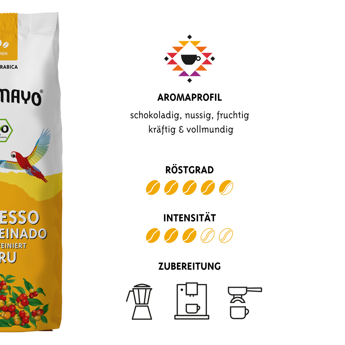 Bio Espresso Descafeinado Entkoffeiniert Peru, Bohnen, 10 x 500 g Beutel