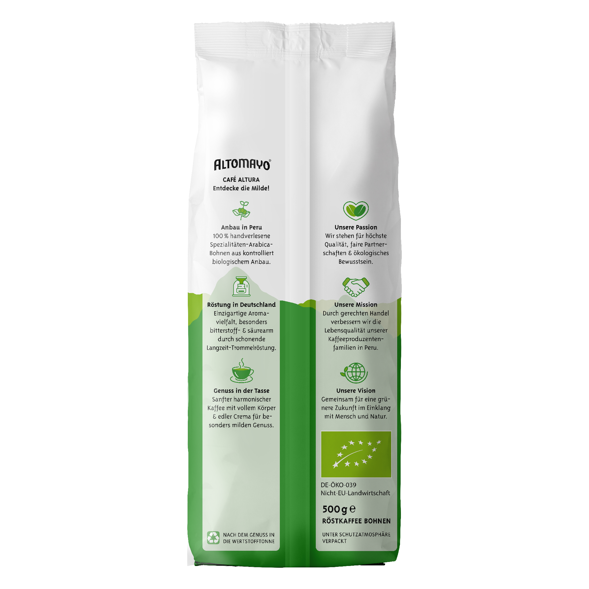 ALTOMAYO Bio Café Altura Bohnen 500 g Packshot Rückseite