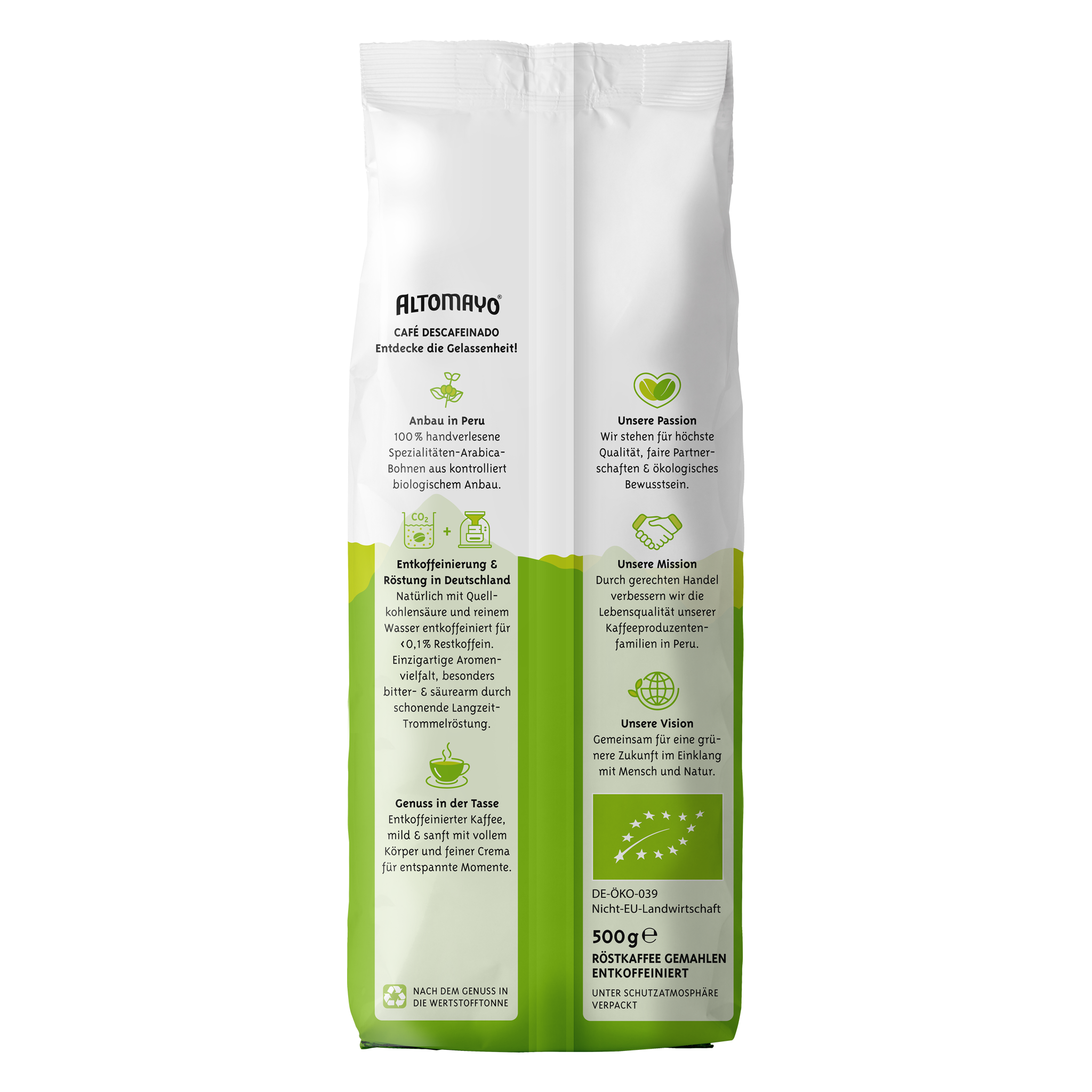 Café descafeinado ecológico, molido, 500 g