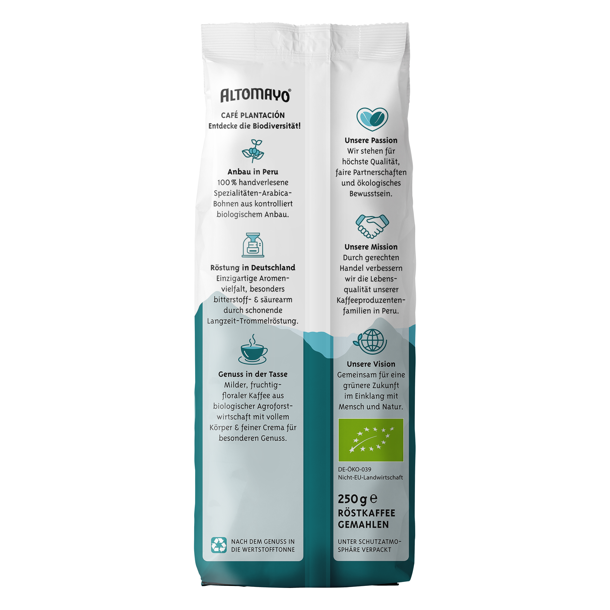 ALTOMAYO Bio Café Plantación gemahlen 250 g – Packshot Rückseite