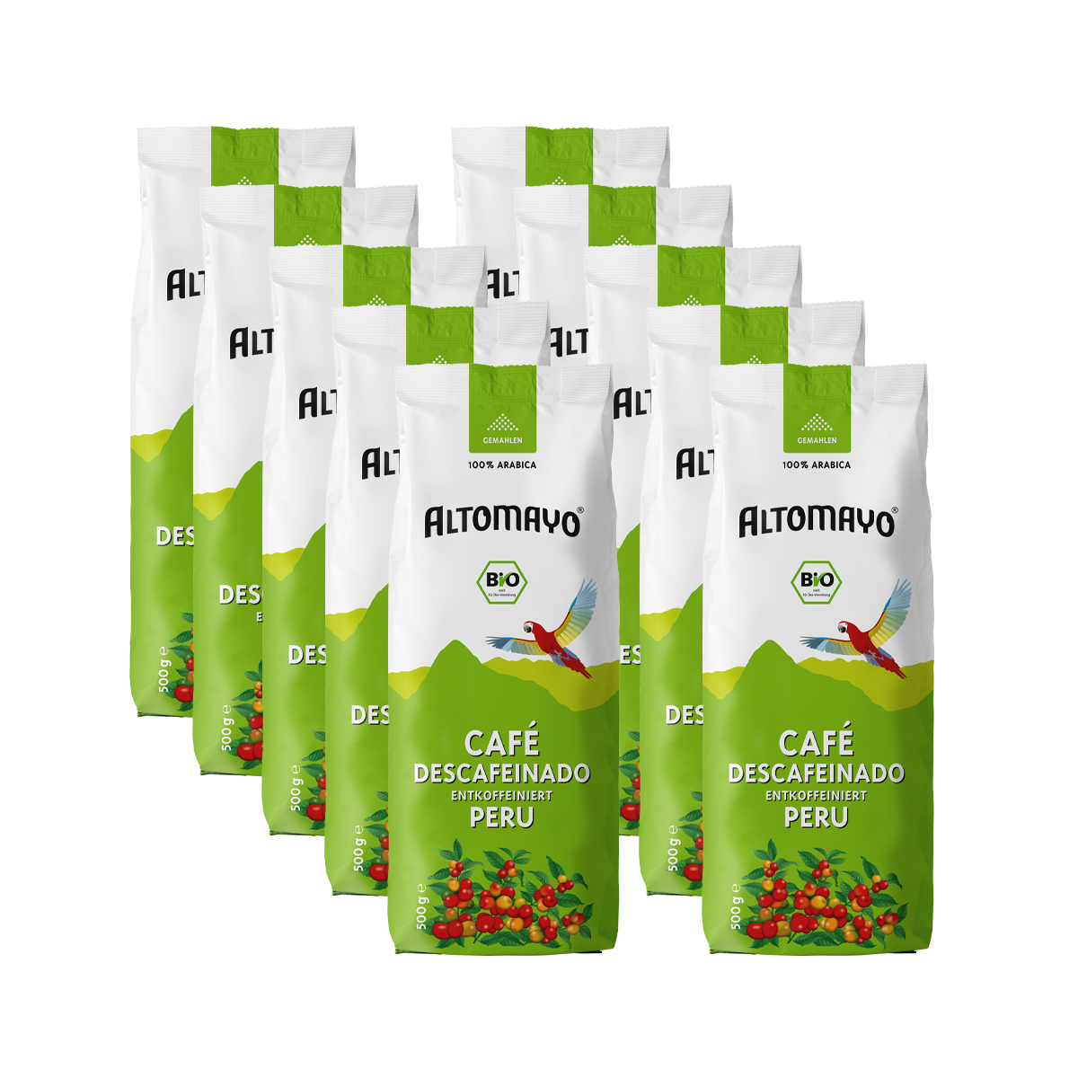Café ecológico descafeinado, molido, 10 x 500 g