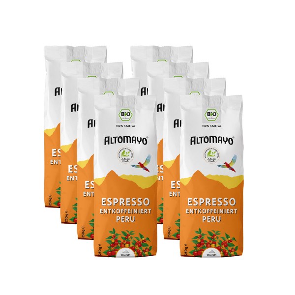 Bio Espresso Entkoffeiniert, gemahlen, 8 x 250 g Beutel